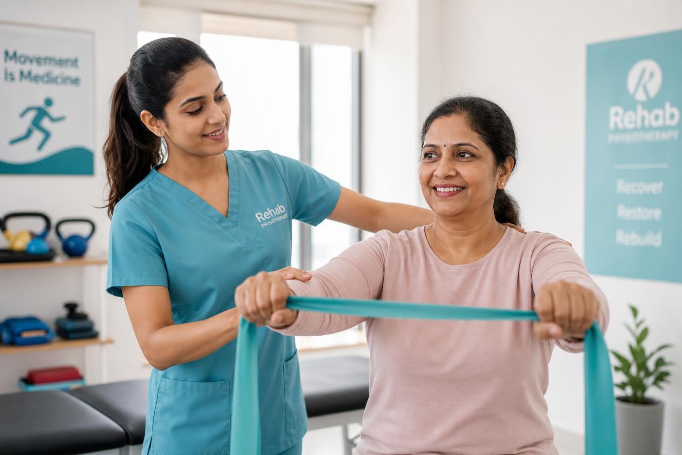 Dr. Shalu Sharma guiding a patient through a resistance-band shoulder exercise in a modern physiotherapy room